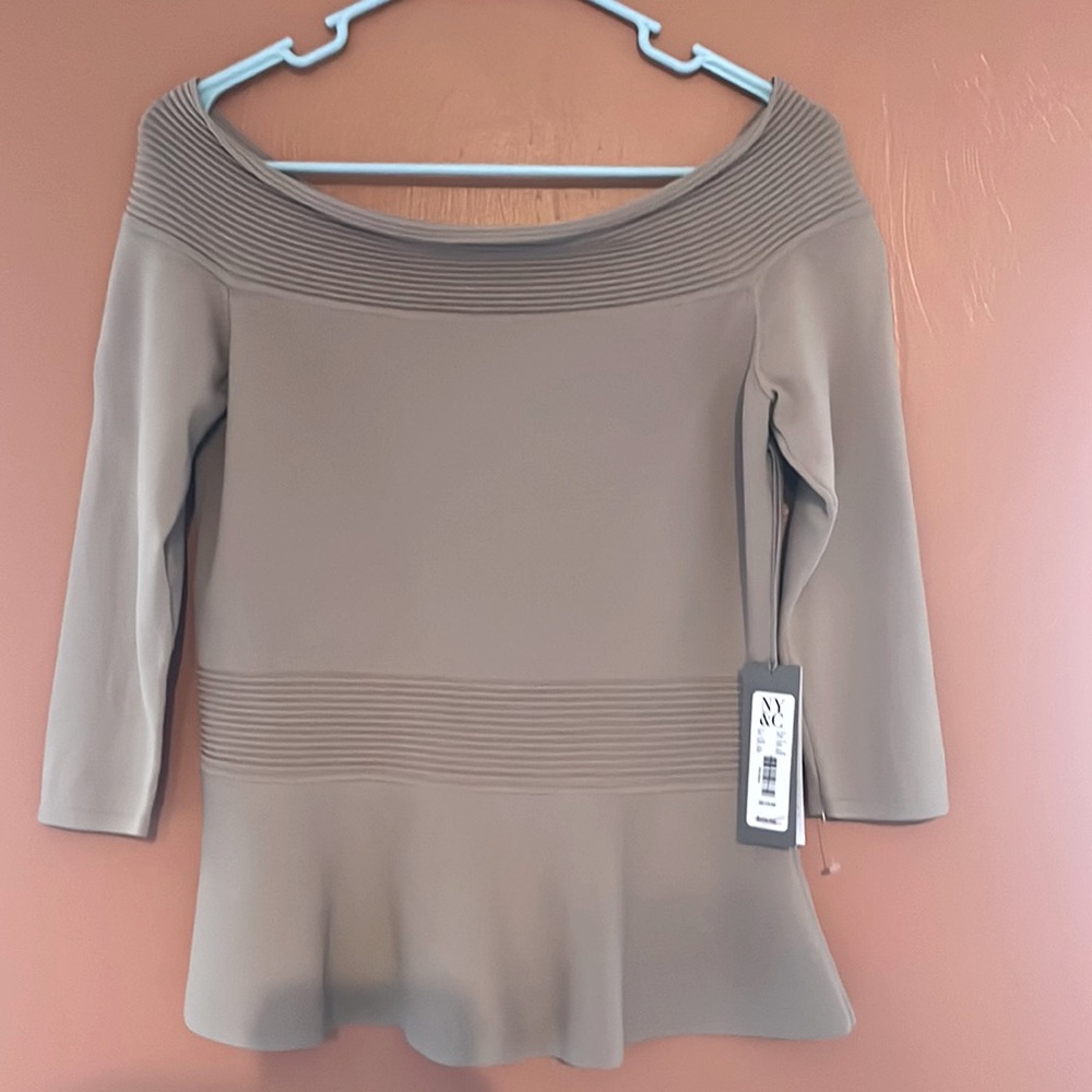 Eva Mendes, M, tan off the shoulder sweater, ribbed at waste and neck 3/4 sleeve